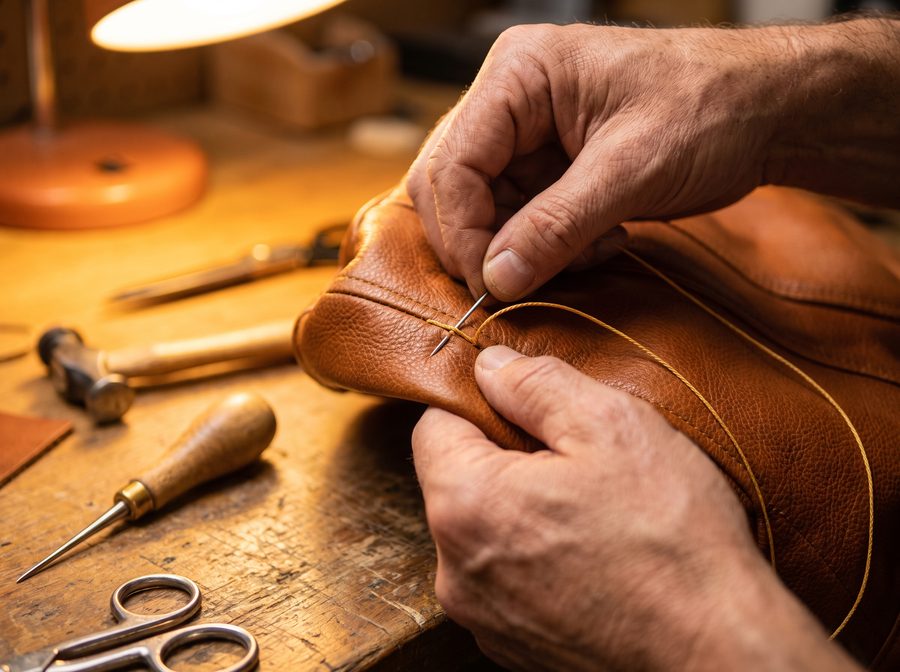 Artesano cosiendo a mano una casaca de cuero genuino - By Marcoleone